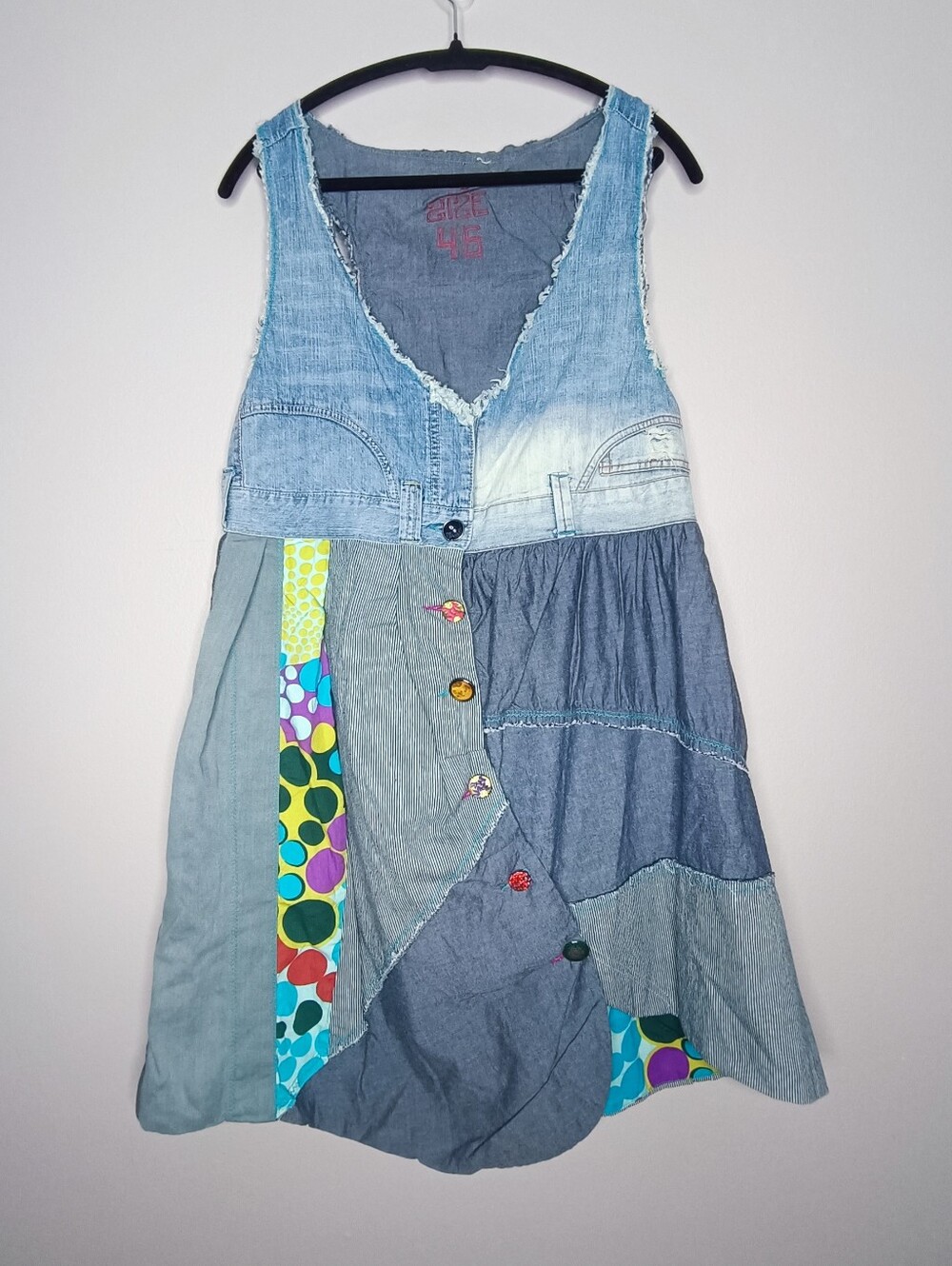 Desigual Denim Patchwork Sleeveless Dress Multicolor Boho Size 46 XL Vintage Y2K